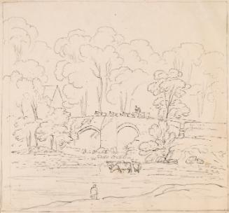Stone Bridge over River with Cows Drinking