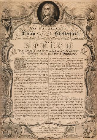 Portrait of Lord Lieutenant of Ireland, Philip Dormer Stanhope, 4th Earl of Chesterfield (1694-1773), at the Head of his Speech of 8 October 1745 to the Irish Parliament