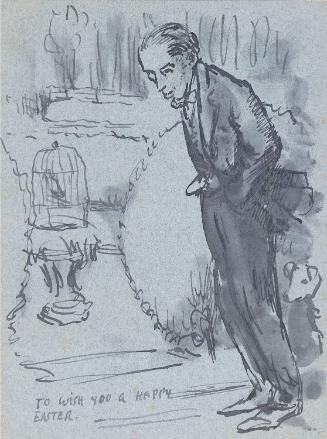 Illustrated letter from William Orpen to Mrs St George with a sketch of the artist and an Easter greeting