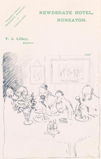 Illustrated letter from William Orpen to Mrs St George with a sketch of the artist eating with four others