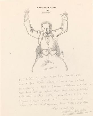 Illustrated letter from William Orpen to Mrs St George with a sketch of the artist with his hands raised