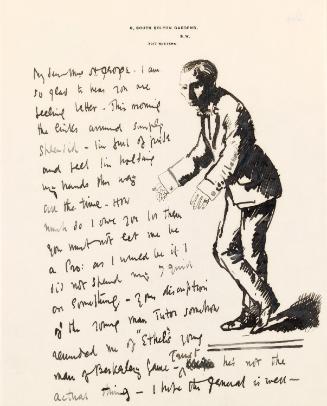 Illustrated letter from William Orpen to Mrs St George with a sketch of the artist wearing new cuff links