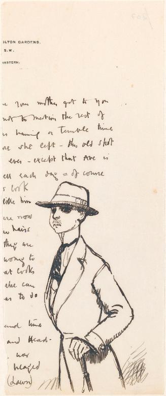 Cropped letter from William Orpen to Mrs St George with a sketch of a figure wearing a hat and coat