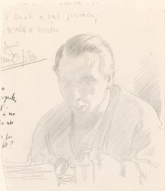Cropped letter from William Orpen to Mrs St George with a sketch of the artist writing