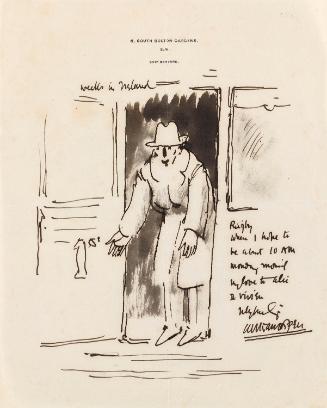 Illustrated letter from William Orpen to Mrs St George with a sketch of the artist disembarking a train