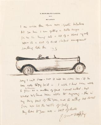 Illustrated letter from William Orpen to Mrs St George with a sketch of the artist driving a rolls royce