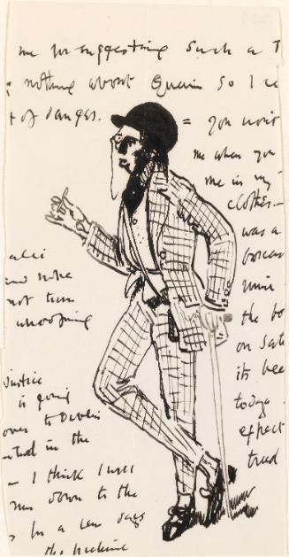 Cropped letter from William Orpen to Mrs St George with a sketch of the artist dressed in a suit