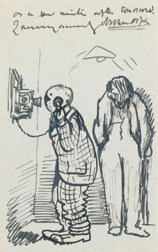 Illustrated letter from William Orpen to Mrs St George with a sketch of the artist waiting to make a phone call