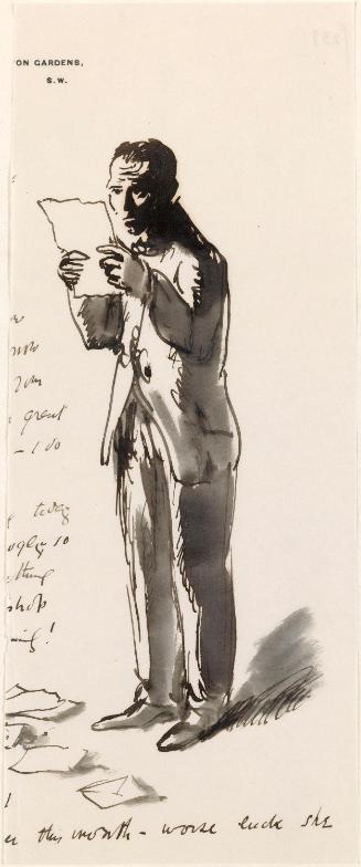 Illustrated letter from William Orpen to Mrs St George with a sketch of the artist reading a letter