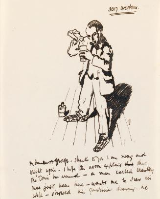 Illustrated letter from William Orpen to Mrs St George with a sketch of the artist pouring tonic
