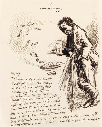 Illustrated letter from William Orpen to Mrs St George with a sketch of the artist eating lunch
