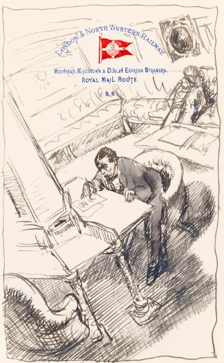 Illustrated letter from William Orpen to Mrs St George with a sketch of the artist aboard a steam boat