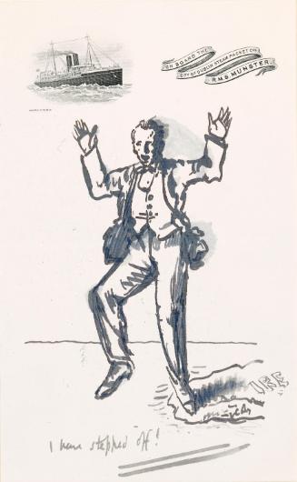 Illustrated letter from William Orpen to Mrs St George with a humorous sketch of the artist stepping off Ireland