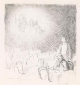 Drawing of the artist alone at a dinner table