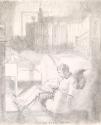 Drawing of the artist sitting in a bedroom in front of the fire