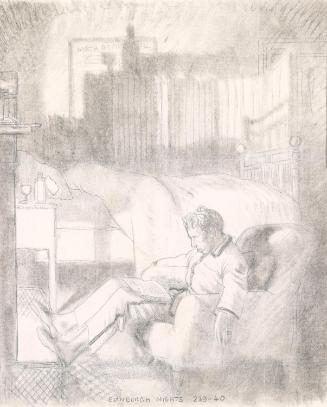 Drawing of the artist sitting in a bedroom in front of the fire
