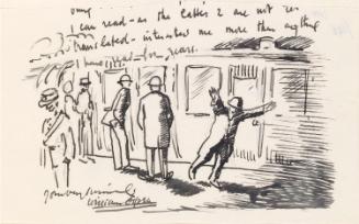 Cropped letter from William Orpen to Mrs St George with a sketch of the artist running on a train station platform