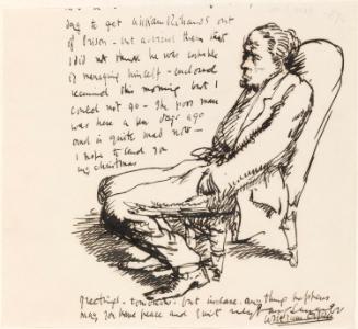 Cropped letter from William Orpen to Mrs St George with a sketch of the artist sitting on a chair