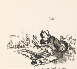 Cropped letter from William Orpen to Mrs St George with a sketch of the artist reading in a library