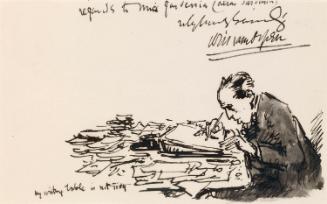 Cropped letter from William Orpen to Mrs St George with a sketch of the artist writing
