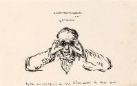 Cropped letter from William Orpen to Mrs St George with a sketch of the artist looking through a pair of binoculars