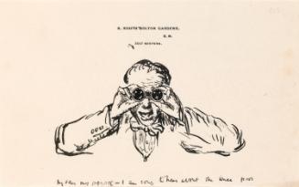 Cropped letter from William Orpen to Mrs St George with a sketch of the artist looking through a pair of binoculars