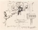 Cropped letter from William Orpen to Mrs St George with a sketch of the artist leaning out the window of a train