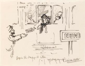 Cropped letter from William Orpen to Mrs St George with a sketch of the artist leaning out the window of a train