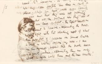 Cropped letter from William Orpen to Mrs St George with a sketch of the artist on the reverse