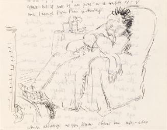 Cropped letter from William Orpen to Mrs St George with a sketch of the artist sitting by a fire on the reverse