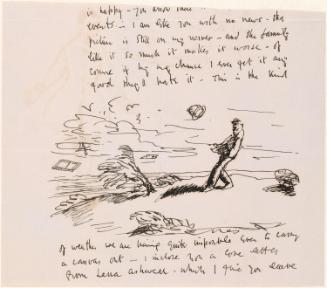 Cropped letter from William Orpen to Mrs St George with a sketch of the artist in strong wind