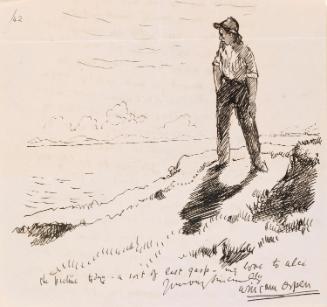Cropped letter from William Orpen to Mrs St George with a sketch of the artist at Howth on the reverse