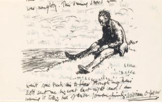 Cropped letter from William Orpen to Mrs St George with a sketch of the artist at Howth on the reverse