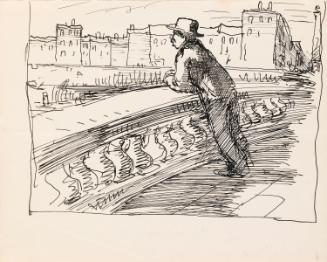 Cropped illustrated letter from William Orpen to Mrs St George with a sketch of the artist standing on a bridge