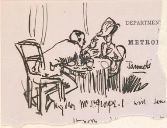 Cropped letter from William Orpen to Mrs St George with a sketch of both at Jammets