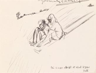 Cropped letter from William Orpen to Mrs St George with a sketch of the artist and Mrs St George on a sleigh