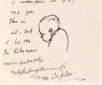 Cropped letter from William Orpen to Mrs St George with a sketch of a baby's head and shoulders