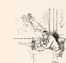 Cropped letter from William Orpen to Mrs St George with a sketch of the artist alone at Jammets