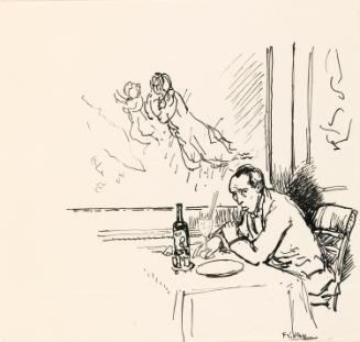 Cropped letter from William Orpen to Mrs St George with a sketch of the artist alone at Jammets
