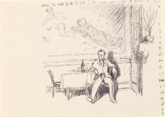 Cropped letter from William Orpen to Mrs St George with a sketch of the artist alone at Jammets