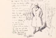 Cropped letter from William Orpen to Mrs St George with a sketch of the artist on a Dublin Street