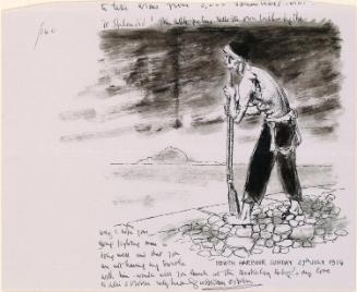 Cropped letter from William Orpen to Mrs St George with a drawing of an armed man at Howth Harbour