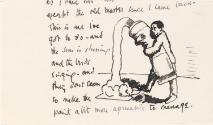 Cropped letter from William Orpen to Mrs St George with a sketch of the artist and an enormous tube of paint
