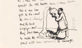 Cropped letter from William Orpen to Mrs St George with a sketch of the artist and an enormous tube of paint