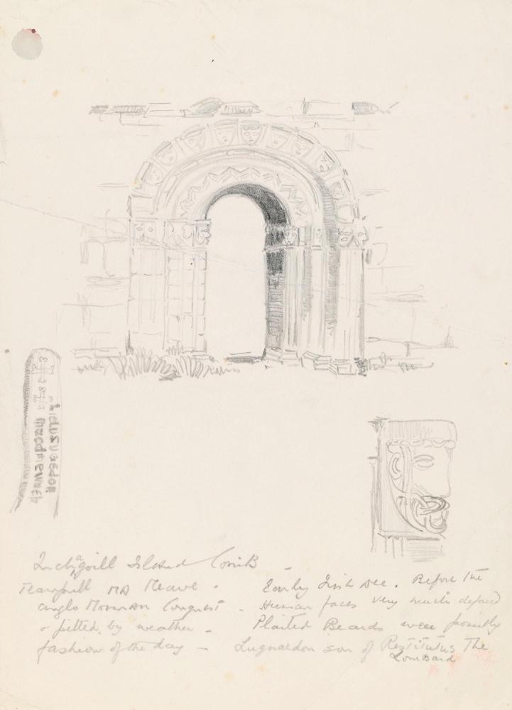 The Doorway and a Capital of Templenaneere, Inchagoill Island, Lough Corrib, County Galway, with Languaedon, Son of Menueh's, Pillar; Templenaneere Interior and a Cross-Slab (on verso)