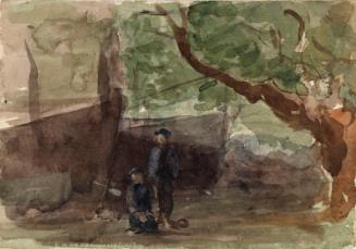 Beached French Fishing Boats and Two Boys; A Boat in a Harbour (on verso)