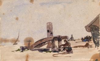 A Kneeling Man on the Beach; Boats, Cliffs and the Porte D'Aval, Etretat, Normandy (on verso)