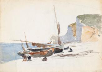 Fishing Boats on the Strand at Etretat, Normandy; Cliffs (on verso)