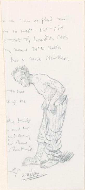Cropped letter from William Orpen to Mrs St George with a sketch of the artist in hospital