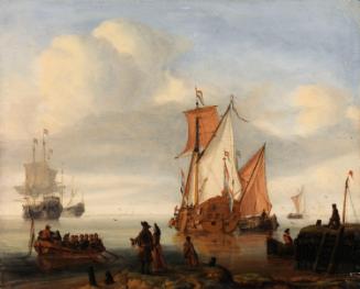 A Dutch Yacht with Fishing Boats off a Jetty